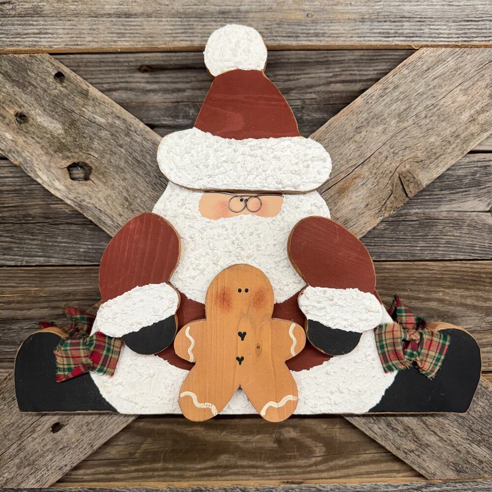 Handcrafted Wooden Shelf Sitter Santa w Gingerbread Man Rustic Country Christmas